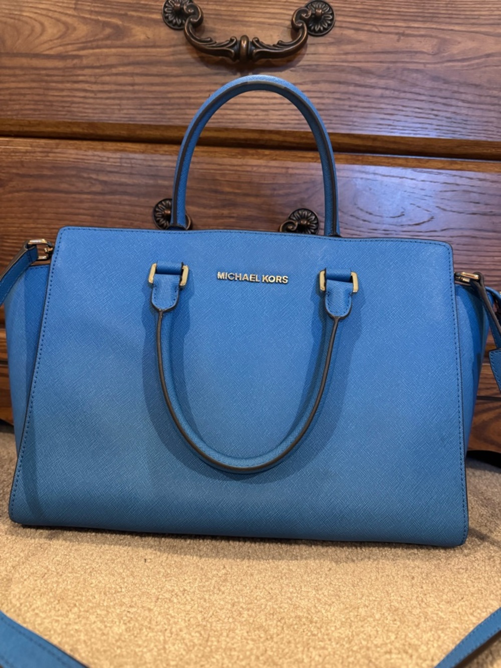 Michael Kors Bright Blue Saffiano Satchel with Gold Hardware